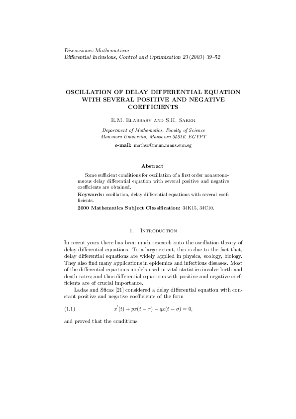 (PDF) Oscillation of delay differential equation with several positive ...