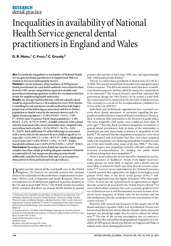 (PDF) dental practice: Inequalities in availability of National Health ...