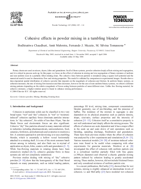 (PDF) Cohesive effects in powder mixing in a tumbling blender