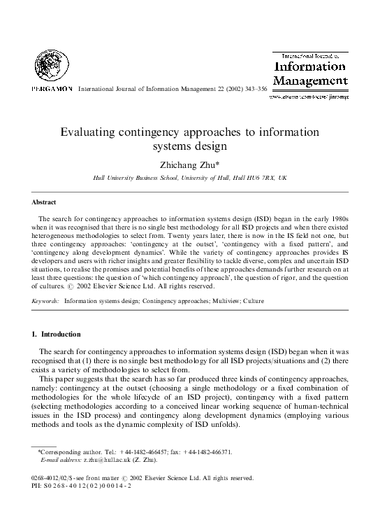 (PDF) Evaluating contingency approaches to information systems design