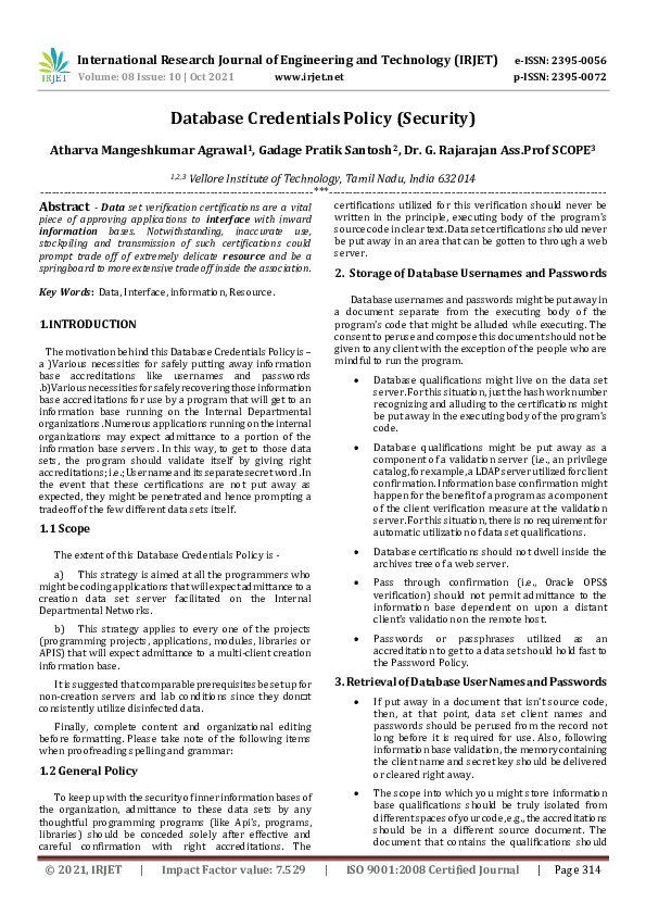 (PDF) IRJET- Database Credentials Policy (Security