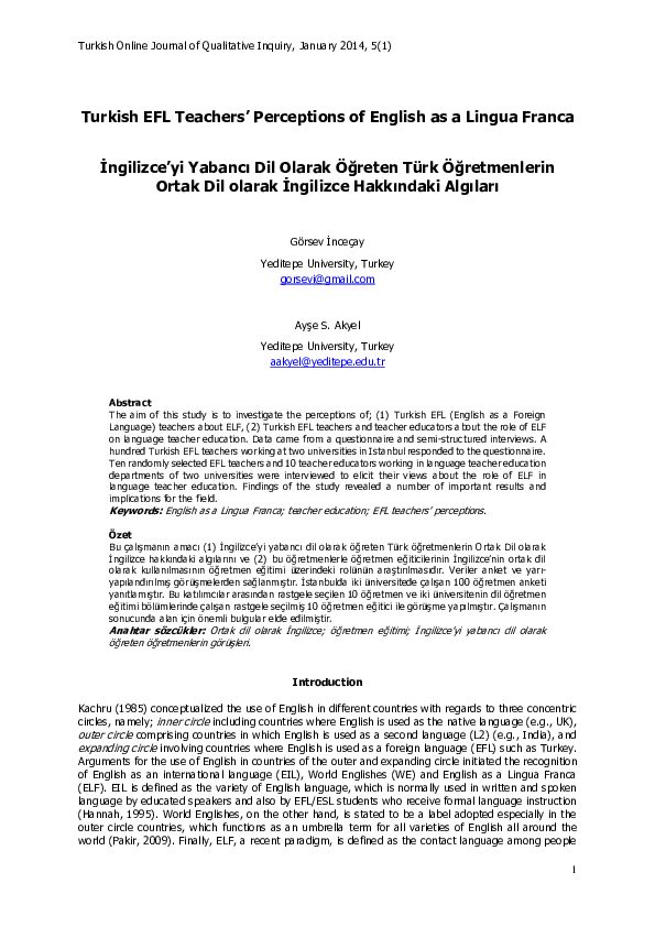 (PDF) Turkish EFL Teachers’ Perceptions of English as a Lingua Franca