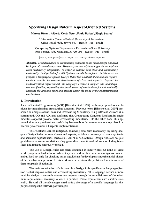(PDF) Specifying design rules in aspect-oriented systems
