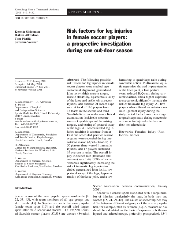 (PDF) Risk factors for leg injuries in female soccer players: a ...