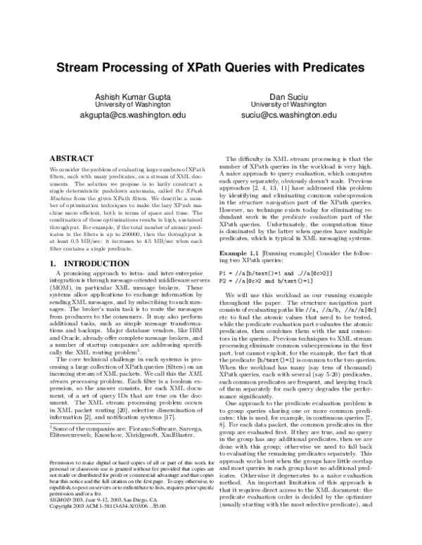 (PDF) Stream Processing of XPath Queries With Predicates