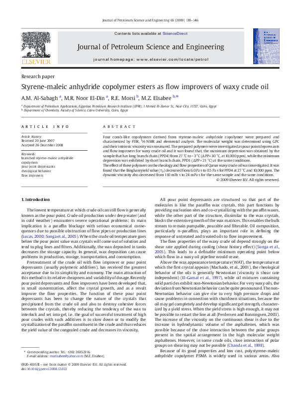 (PDF) Styrene-Maleic Anhydride Copolymer Esters as Flow Improvers of ...