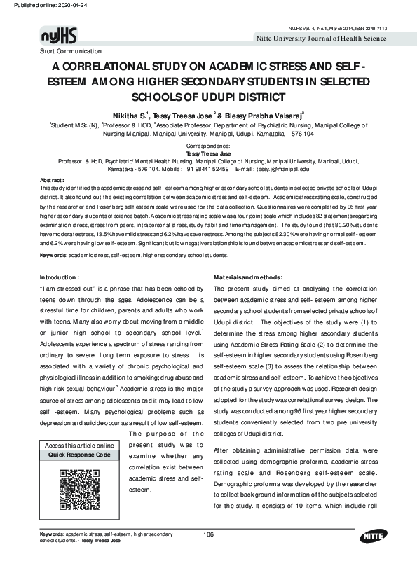 (PDF) A Correlational Study on Academic Stress and Self - Eesteem Among ...