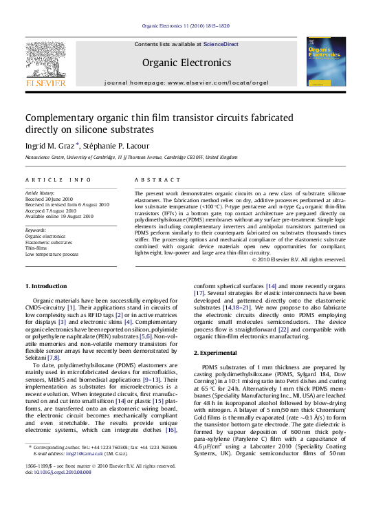 (PDF) Complementary organic thin film transistor circuits fabricated ...