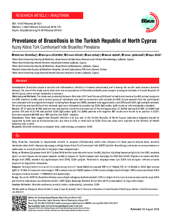 (PDF) Prevelance of Brucellosis in the Turkish Republic of North Cyprus