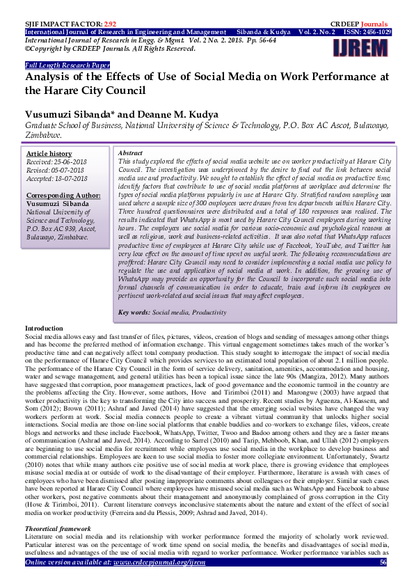 (PDF) Analysis of the Effects of Use of Social Media on Work ...