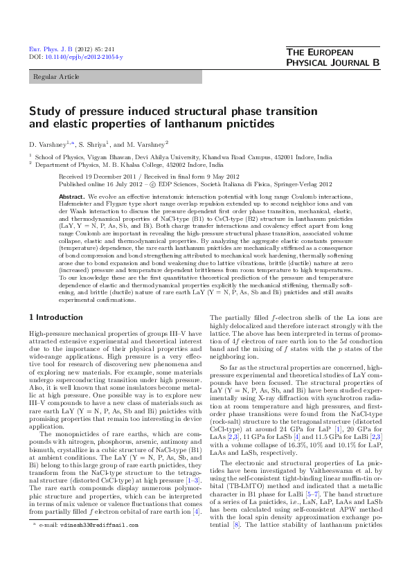 (PDF) Study of pressure induced structural phase transition and elastic ...