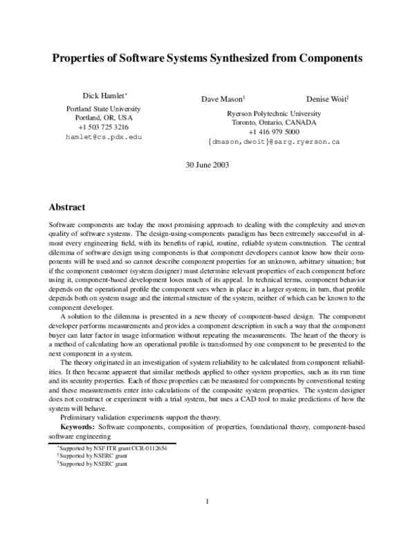 (PDF) Properties of Software Systems Synthesized from Components