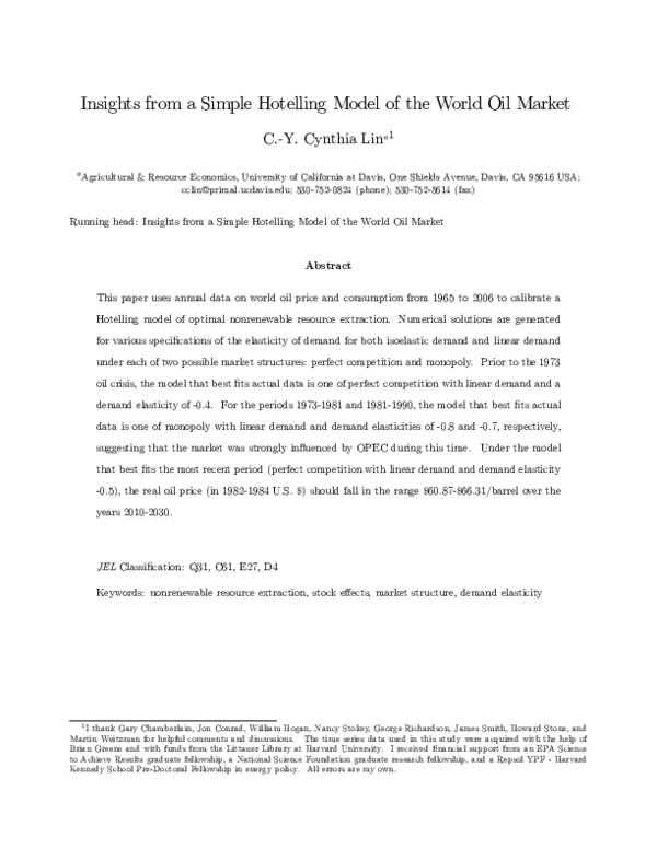 (PDF) Insights from a Simple Hotelling Model of the World Oil Market
