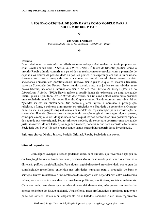 (PDF) A posição original de John Rawls como modelo para a sociedade dos povos Ubiratan