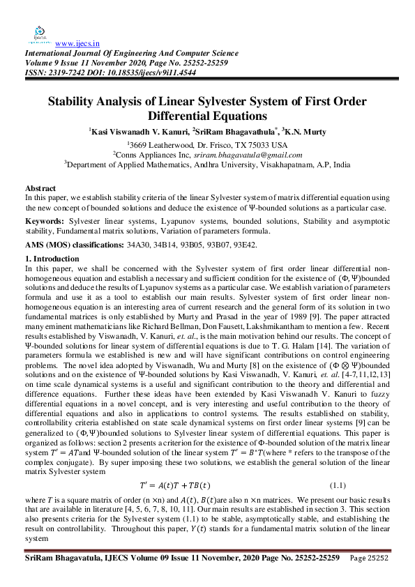(PDF) Stability Analysis of Linear Sylvester System of First Order ...