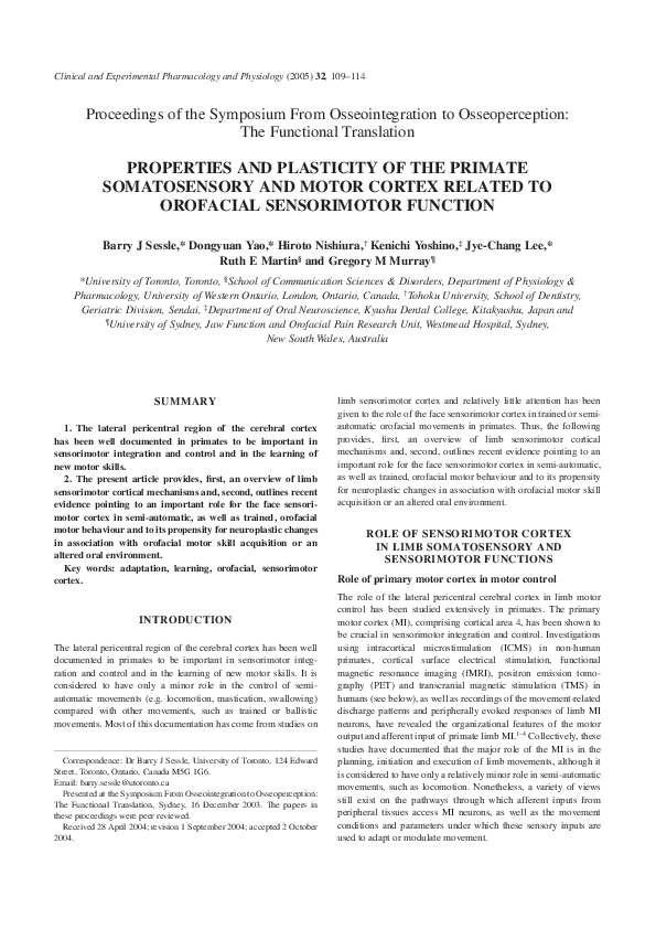 (PDF) Properties and plasticity of the primate somatosensory and motor ...