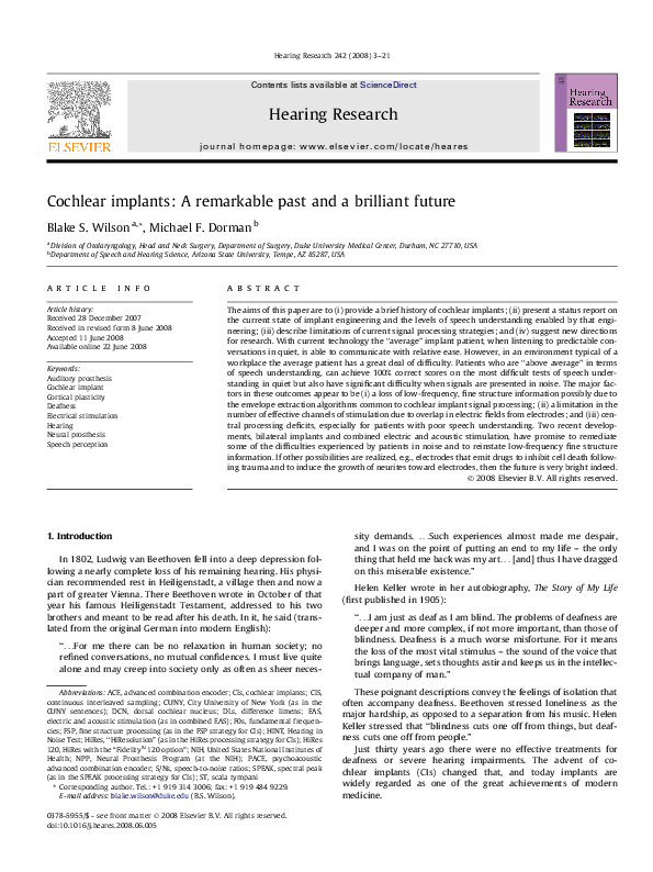 (PDF) Cochlear implants: A remarkable past and a brilliant future