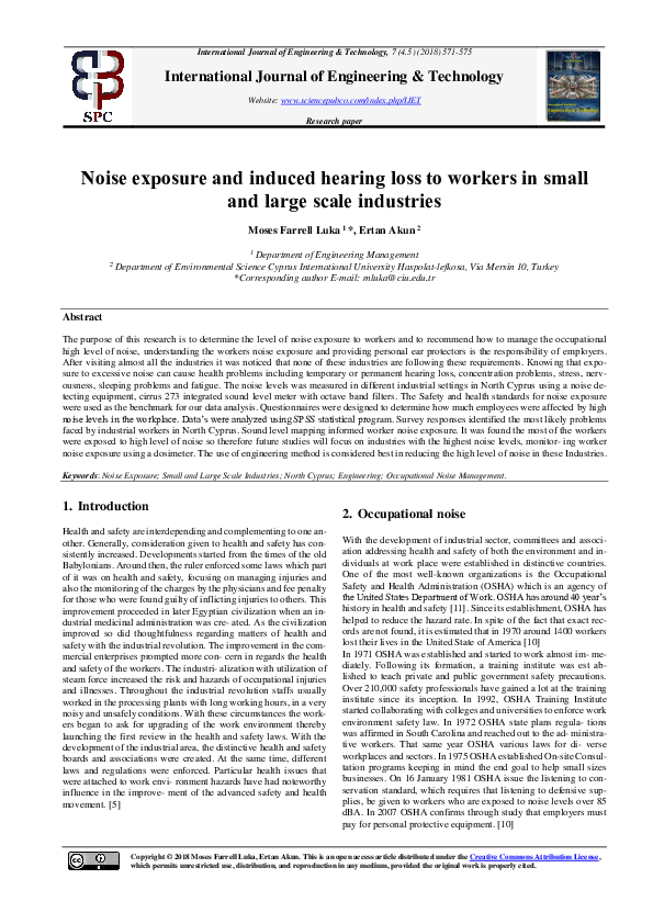(PDF) Noise exposure and induced hearing loss to workers in small and ...