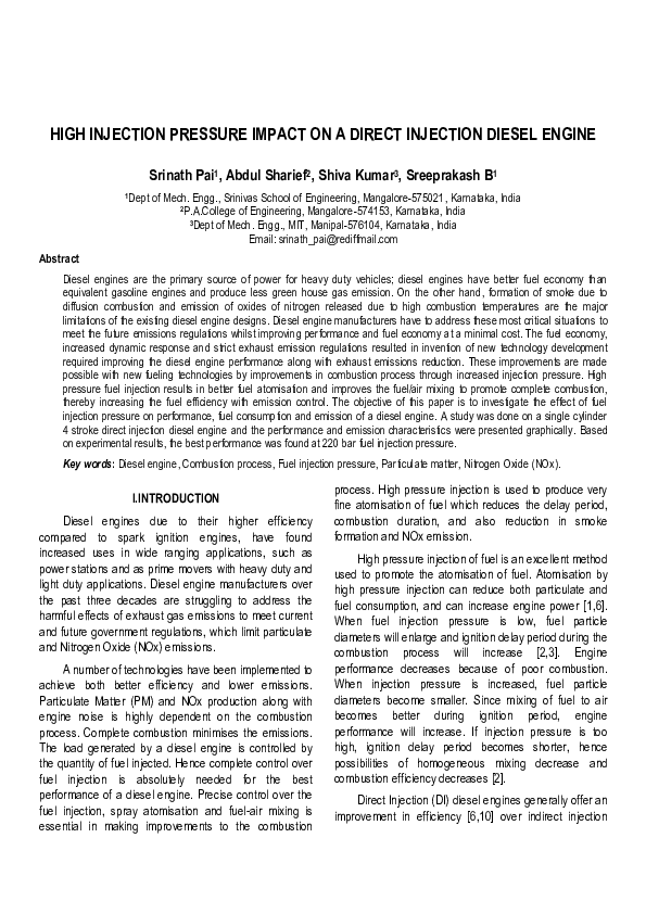 (PDF) High Injection Pressure Impact on a Direct Injection Diesel Engine