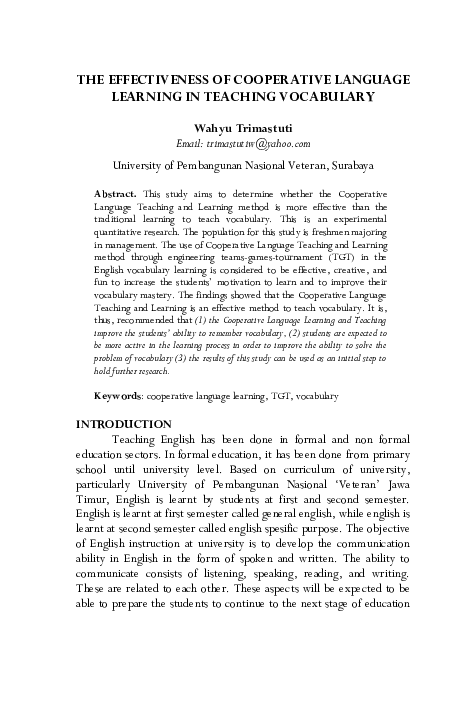 (PDF) The Effectiveness of Cooperative Language Learning in Teaching ...