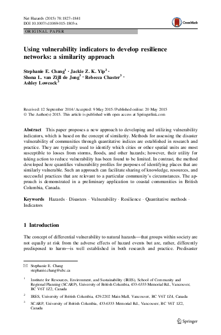 (PDF) Using vulnerability indicators to develop resilience networks: a ...