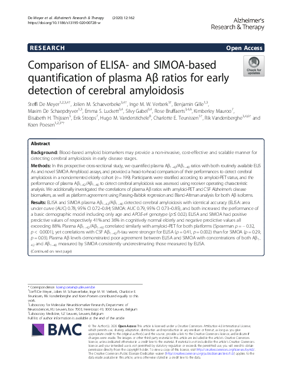 (PDF) Comparison of ELISA- and SIMOA-based quantification of plasma Aβ ...