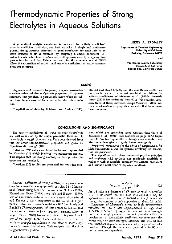 (PDF) Thermodynamic properties of strong electrolytes in aqueous solutions