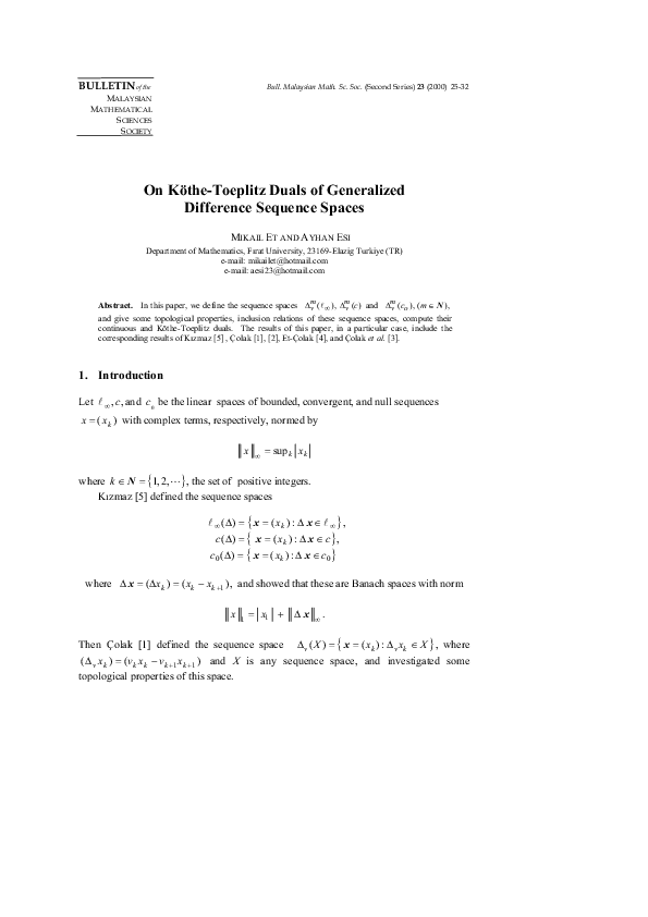 (PDF) On Köthe-Toeplitz duals of generalized difference sequence spaces