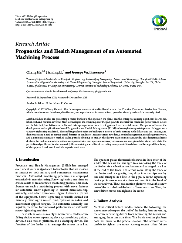 (PDF) Prognostics and Health Management of an Automated Machining Process