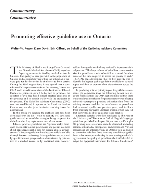 (PDF) Promoting effective guideline use in Ontario