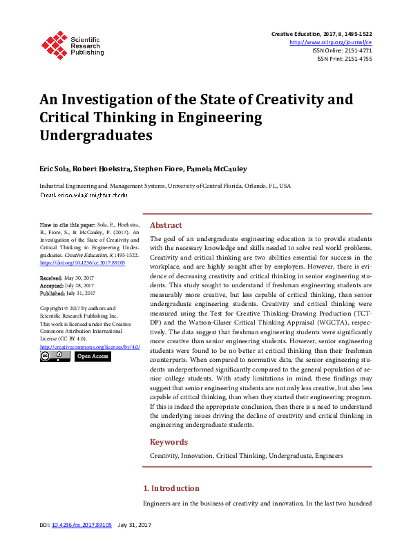 (PDF) An Investigation of the State of Creativity and Critical Thinking ...