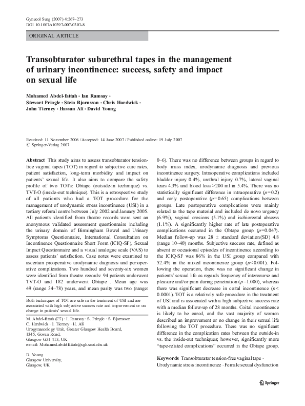 (PDF) Transobturator suburethral tapes in the management of urinary ...