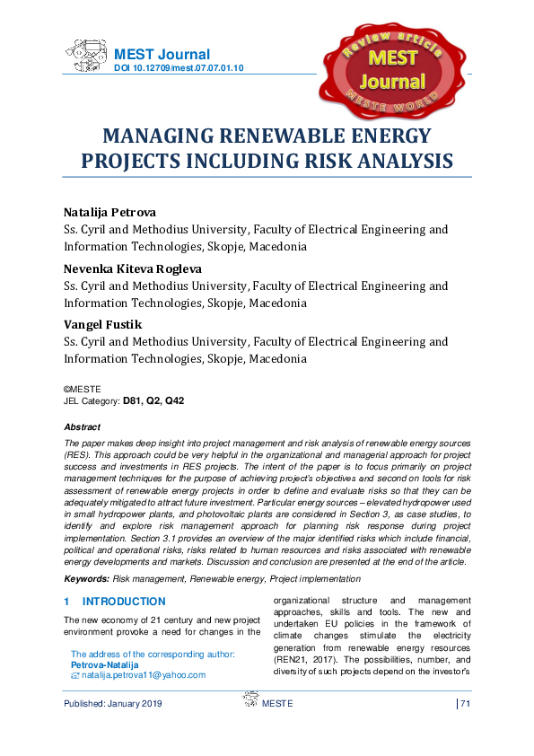 (PDF) Managing Renewable Energy Projects Including Risk Analysis