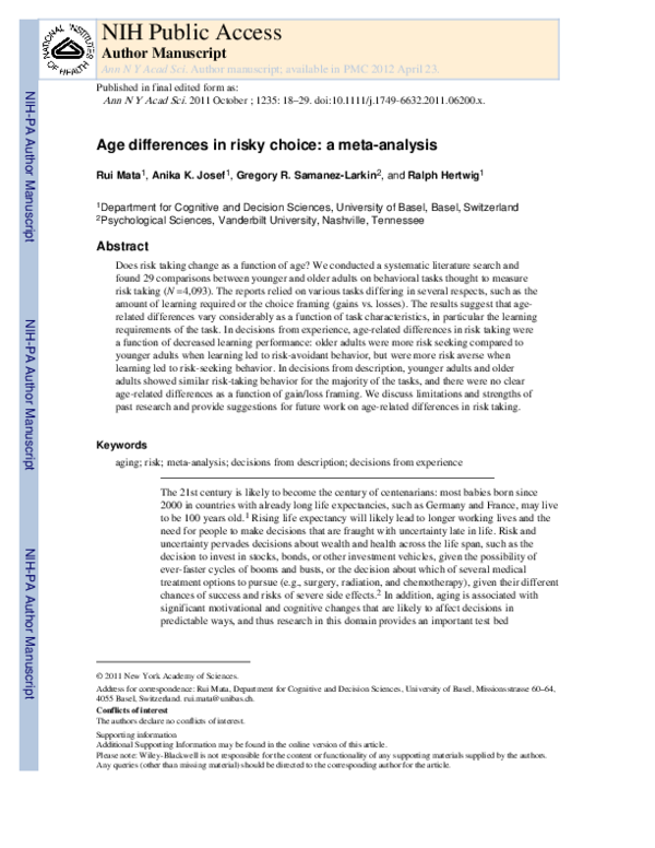 (PDF) Age differences in risky choice: a meta-analysis