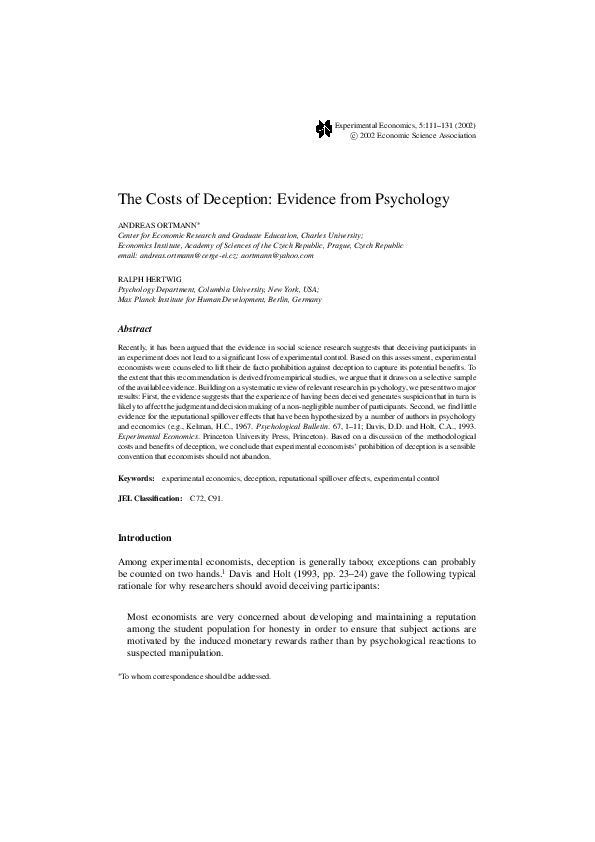 (PDF) The Costs of Deception: Evidence from Psychology