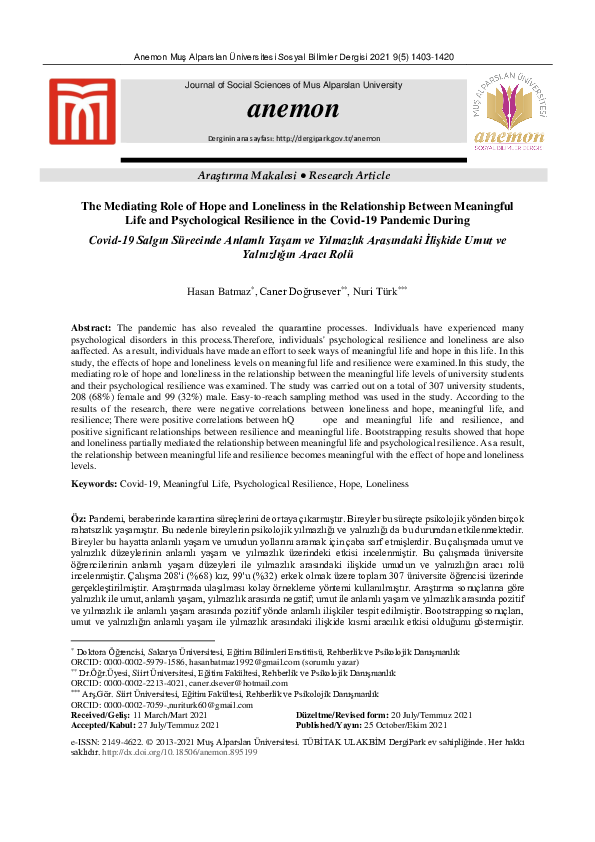 (PDF) The Mediating Role of Hope and Loneliness in the Relationship ...