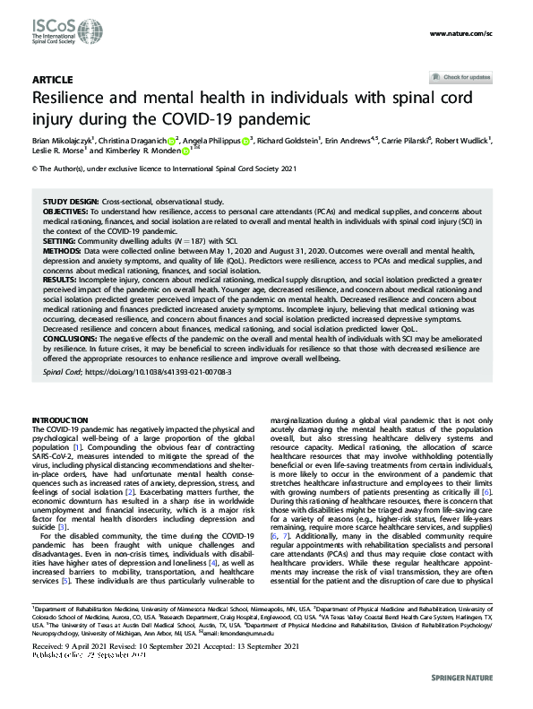 (PDF) Resilience and mental health in individuals with spinal cord ...