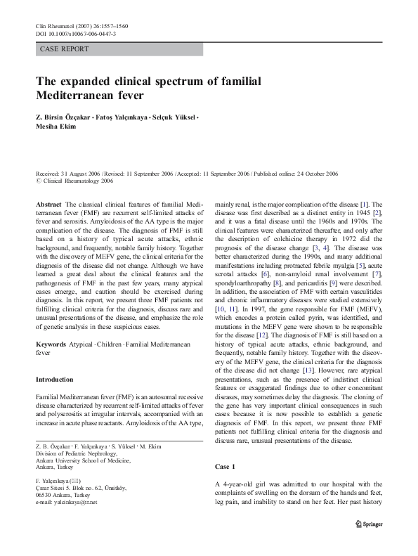 (PDF) The expanded clinical spectrum of familial Mediterranean fever