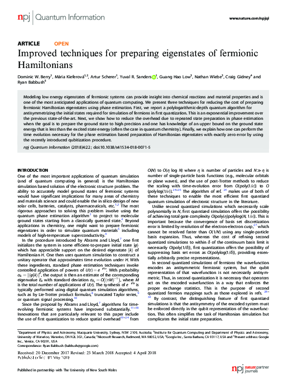 (PDF) Improved techniques for preparing eigenstates of fermionic ...