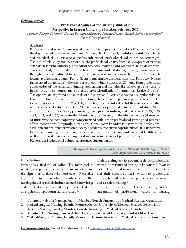 (PDF) Professional values of the nursing students’ Perspective in ...