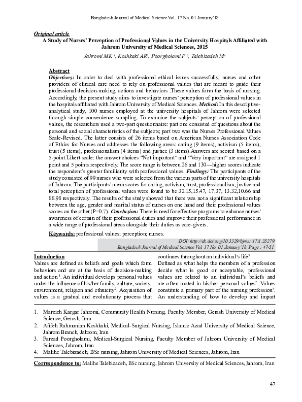 (PDF) A Study of Nurses’ Perception of Professional Values in the ...