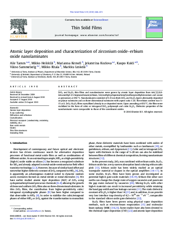 (PDF) Atomic Layer Deposition and Characterization of Erbium Oxide ...