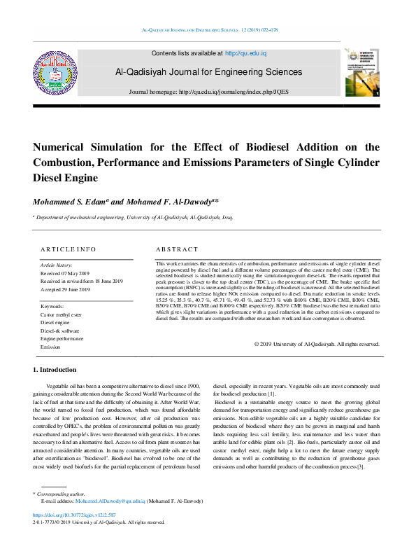 (PDF) Numerical Simulation for the Effect of Biodiesel Addition on the ...