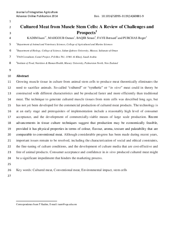 (PDF) Cultured meat from muscle stem cells: A review of challenges and ...