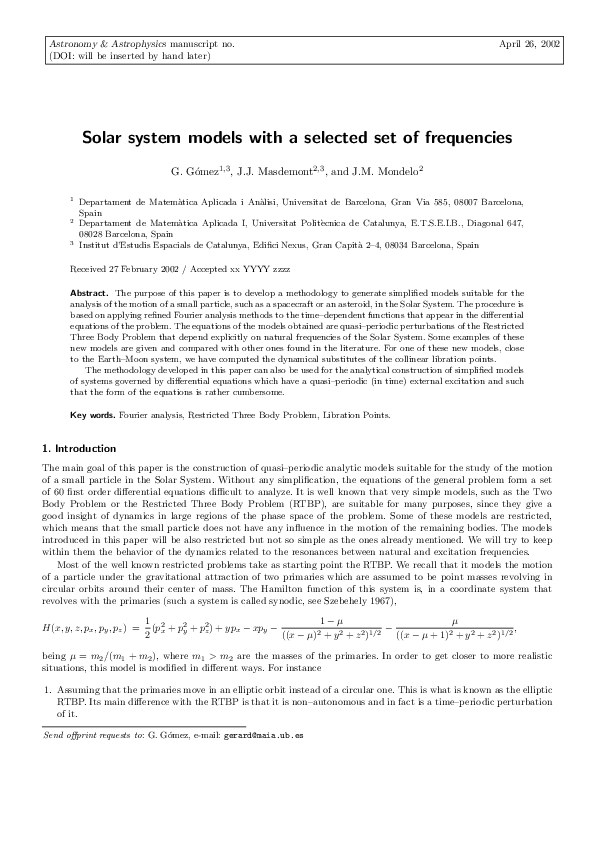 (PDF) Solar system models with a selected set of frequencies
