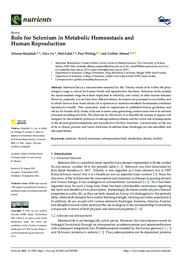 (PDF) Role for Selenium in Metabolic Homeostasis and Human Reproduction