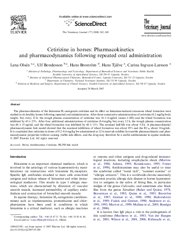 (PDF) Cetirizine in horses and pharmacodynamics