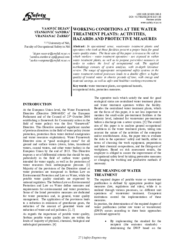 (PDF) Working Conditions at the Water Treatment Plants Activities