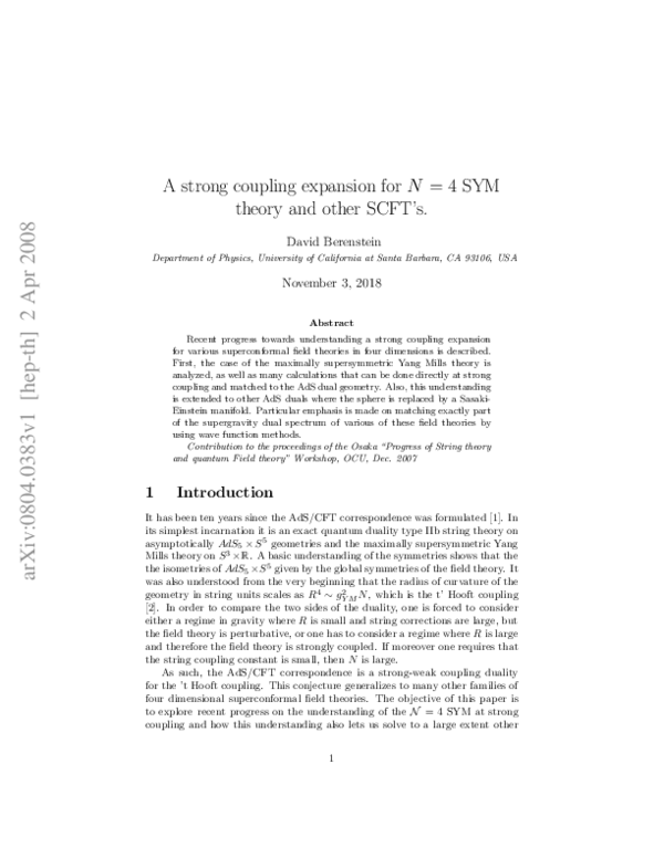 (PDF) A STRONG COUPLING EXPANSION FOR N = 4 SYM THEORY AND OTHER SCFT's