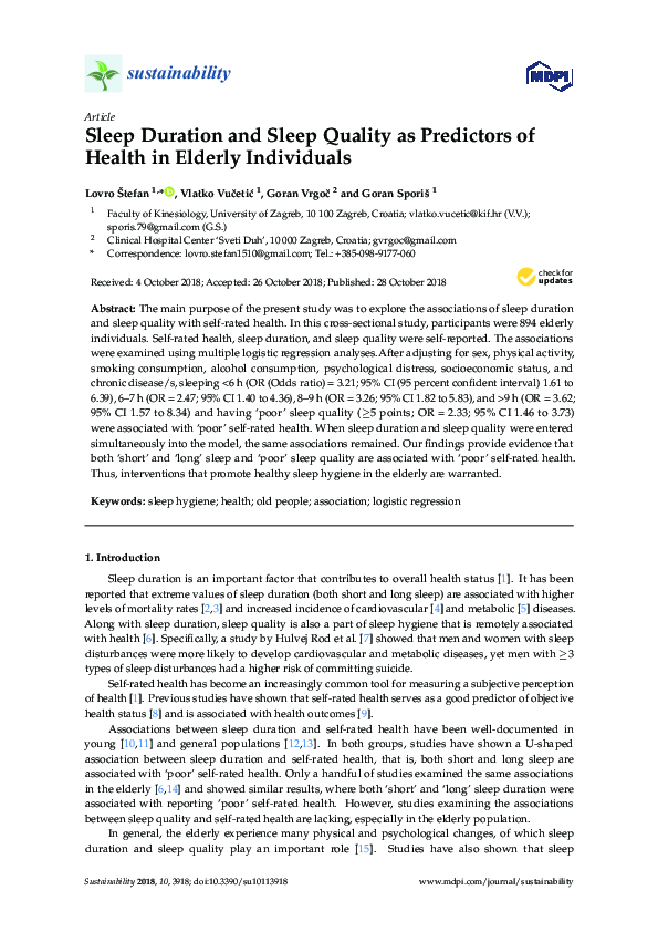 (PDF) Sleep Duration and Sleep Quality as Predictors of Health in ...